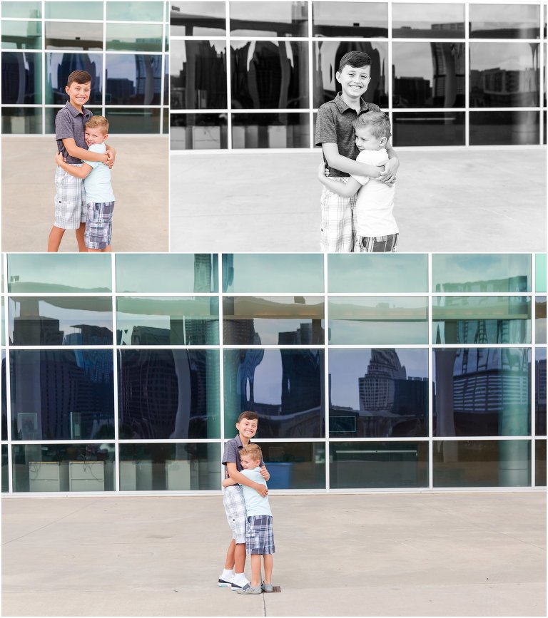 Two brothers hugging at the Long Center 