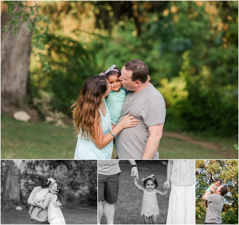 Mother and father kissing their daughters face