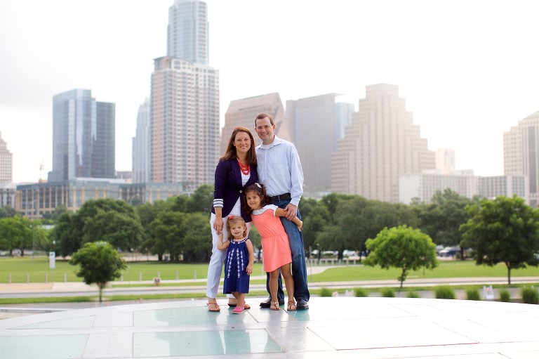 Family with downtown Austin in background