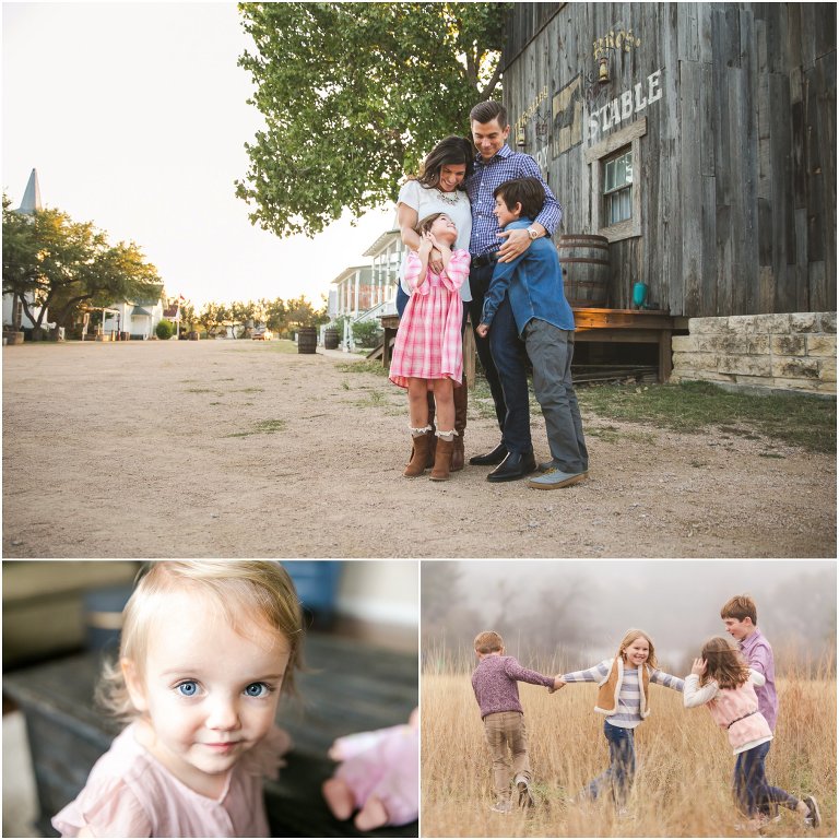 A group of lifestyle images that include a family hugging, a toddler looking at the camera, and a group of kids playing in a field