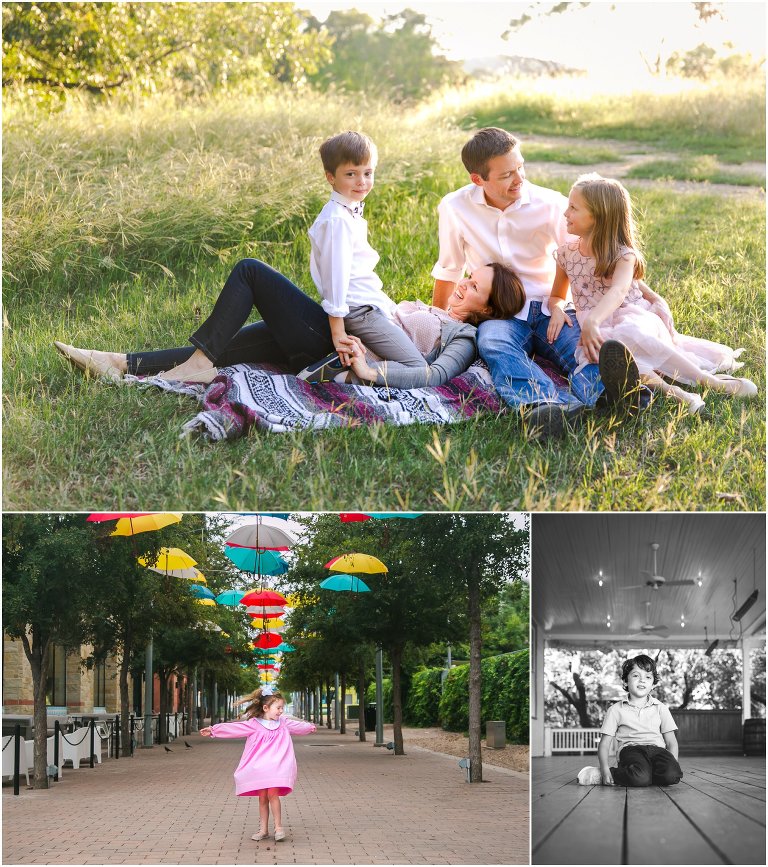 A collection of lifestyle images of a family, a girl twirling, and a boy sitting on the floor