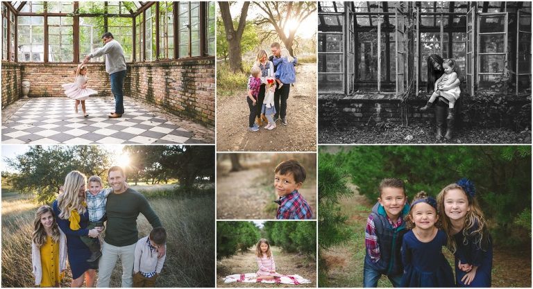 Collection of family photos, including pictures from Sekrit Theater, Christmas Tree Farms, and downtown Austin